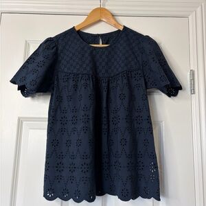 Navy Blue Cotton Eyelet Broiderie Anglaise Scalloped Blouse  Size  S-M